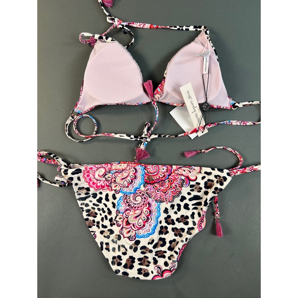 Nanette Lepore Azalea Bikini Set Leopard Paisley Tassel Pink Blue Womens 12 NEW - Picture 6 of 8